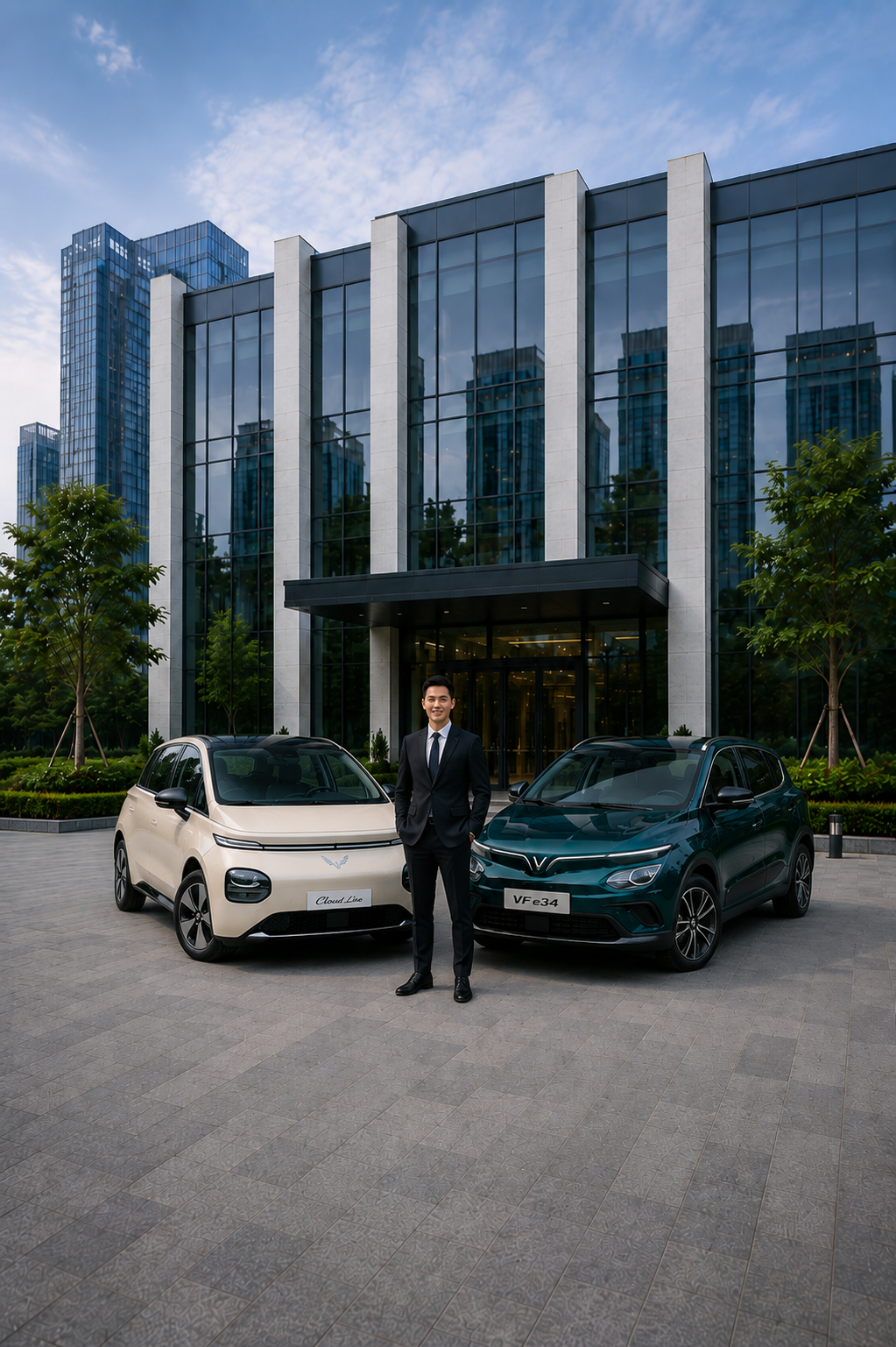 Mobil listrik B-More Pro di area gedung modern